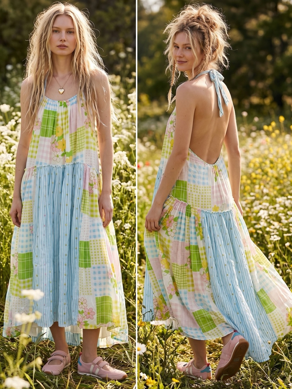 Free People Cottage Embroidered Patched And Pretty Halter Midi Maxi Dress Large